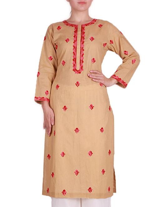 Beige embroidered cotton kurta - 11426559 - Very Small Image - 1