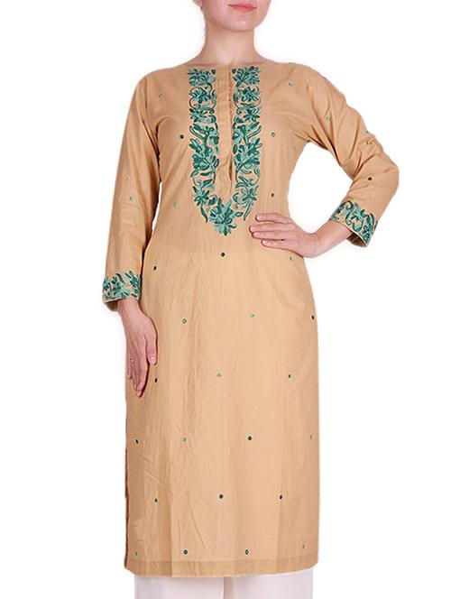 Beige embroidered cotton kurta - 11426560 - Very Small Image - 1