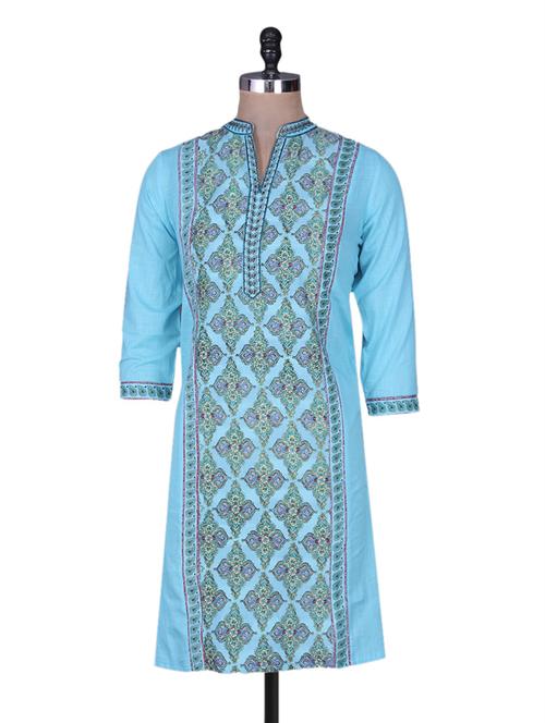 mandarin collar block printed cotton kurta - 1143236 - Very Small Image - 1