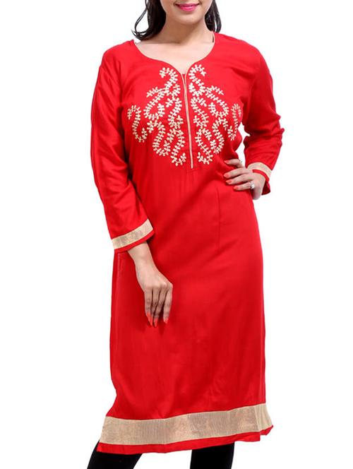 red embroidered cotton kurta - 11434000 - Very Small Image - 1