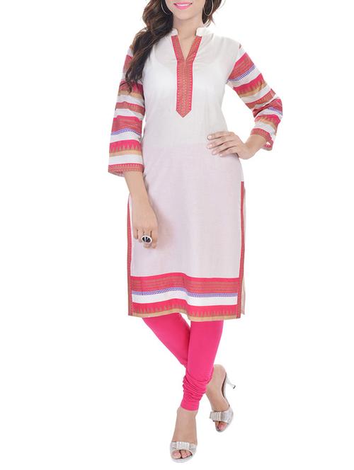 white and pink printed cotton kurta - 11435822 - Very Small Image - 1