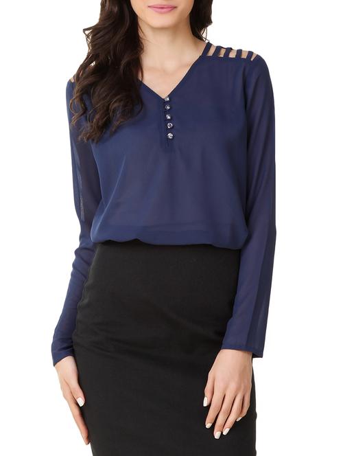 navy blue solid georgette  top - 11441453 - Very Small Image - 1