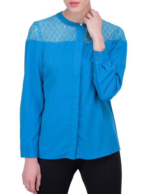 Solid Blue Poly Crepe Top - 11444334 - Very Small Image - 1