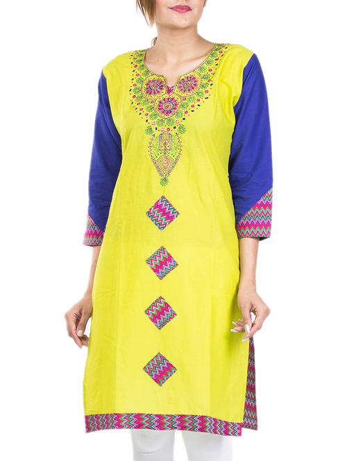 yellow cotton embroidered kurta - 11444505 - Very Small Image - 1