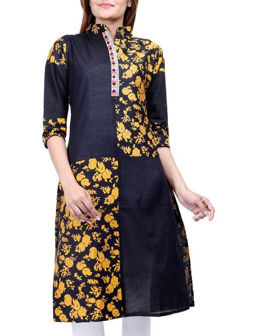 navy blue & yellow floral print cotton kurta - 11444527 - Very Small Image - 1