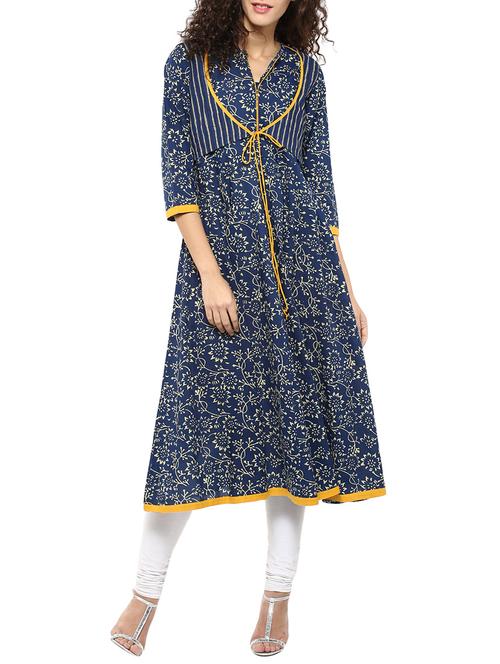 navy blue printed anarkali with jacket cotton kurta - 11452102 - Very Small Image - 1