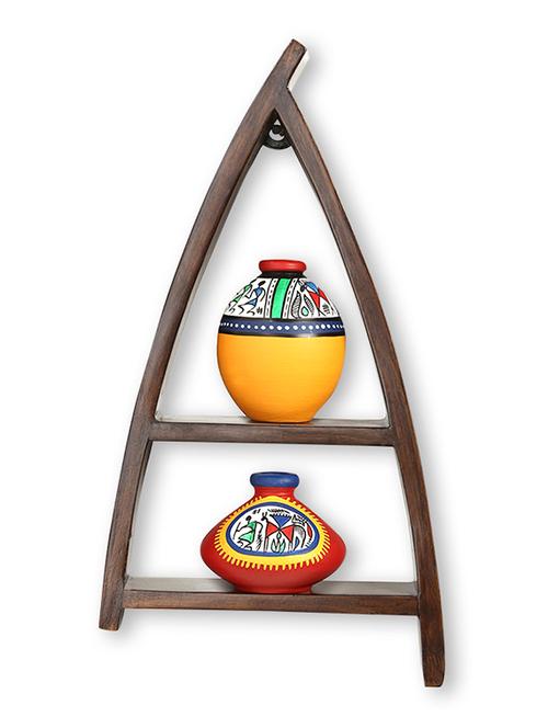 exclusivelane wooden wall shelves with handpainted terracotta pots - 11454256 - Very Small Image - 1