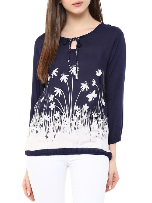 navy blue rayon floral print top - 11455588 - Very Small Image - 1