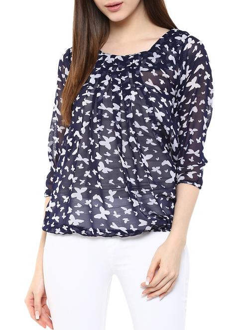 navy blue georgette printed top - 11455589 - Very Small Image - 1