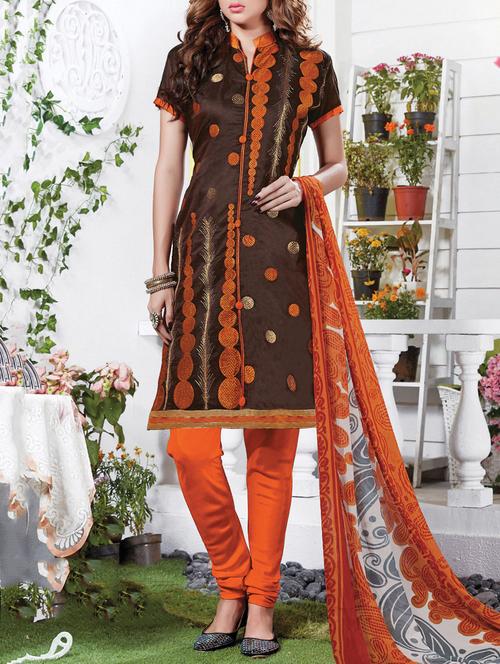 brown chanderi cotton unstitched suit - 11460809 - Very Small Image - 1