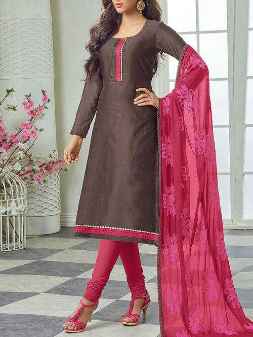 brown chanderi cotton unstitched suit - 11460890 - Very Small Image - 1