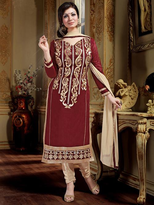 brown chanderi cotton unstitched suit - 11460950 - Very Small Image - 1
