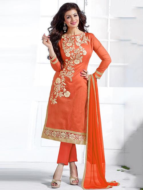 orange chanderi cotton unstitched suit - 11460987 - Very Small Image - 1