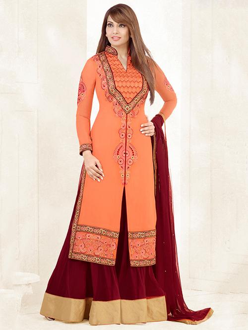 orange georgette embroidered unstitched suit set - 11463636 - Very Small Image - 1