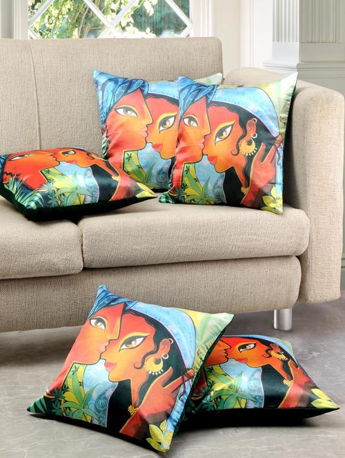 multicoloured polysilk printed cushion cover (set of 5) - 11465416 - Very Small Image - 1