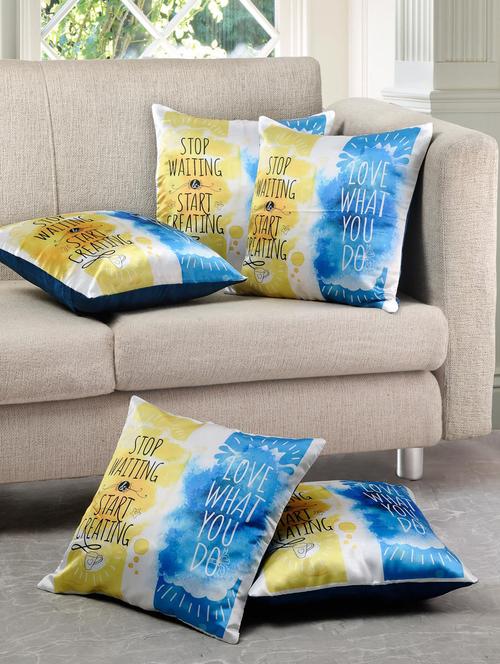 Blue And Yellow Polysilk Printed Cushion Cover (set Of 5) - 11465432 - Very Small Image - 1