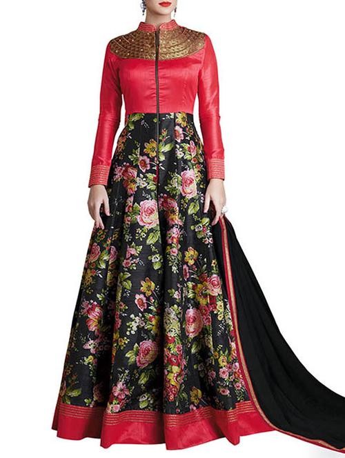 red and black santoon printed unstitched suit set - 11468019 - Very Small Image - 1