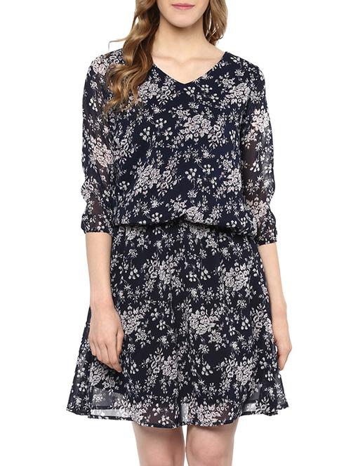 navy blue georgette floral print dress - 11468030 - Very Small Image - 1