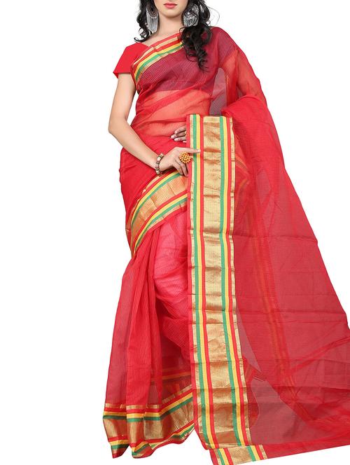 red cotton blend saree with blouse - 11475733 - Very Small Image - 1