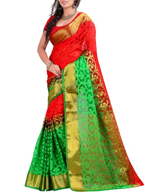 red silk blend woven saree with blouse - 11476076 - Very Small Image - 1