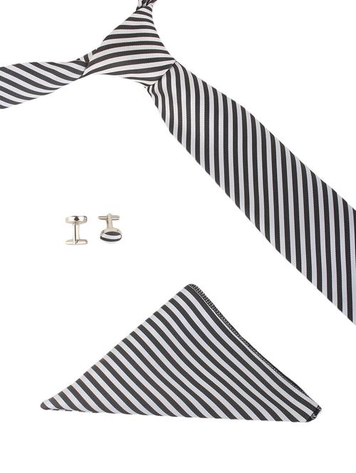 white-black microfiber tie, handkerchief & cufflinks (set of 3) - 11476305 - Very Small Image - 1