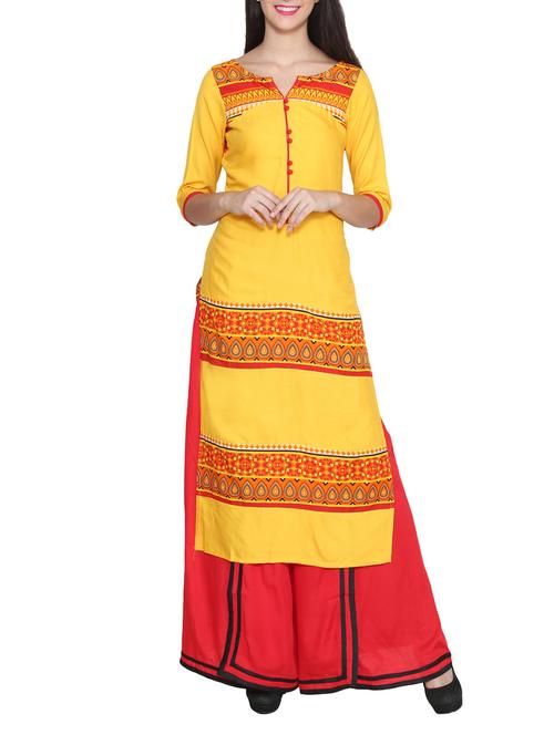 yellow color, cotton printed long kurta - 11476512 - Very Small Image - 1