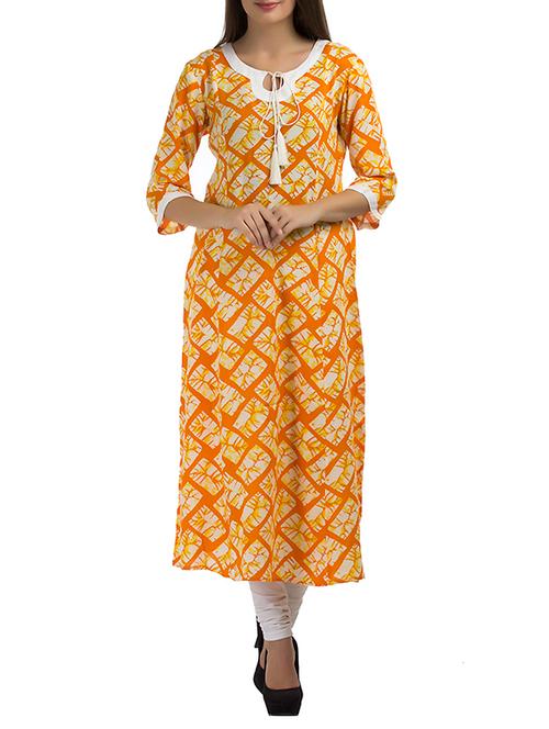 orange color, rayon printed long kurta - 11476528 - Very Small Image - 1