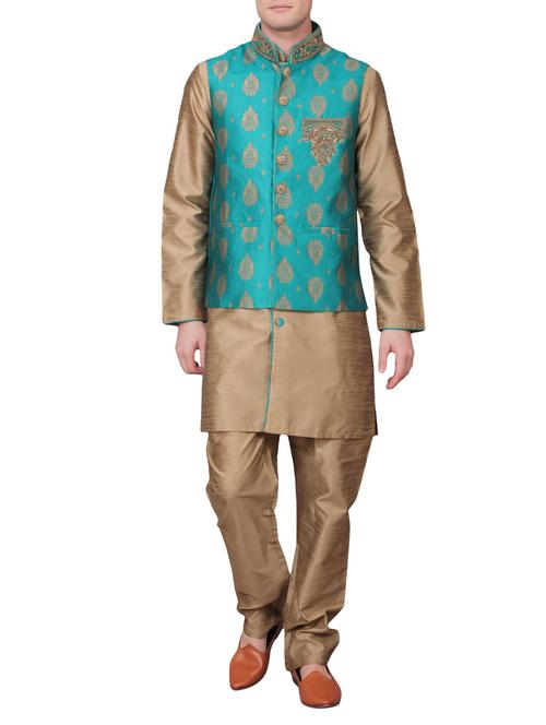 brown and aqua blue silk blend kurta - 11477979 - Very Small Image - 1