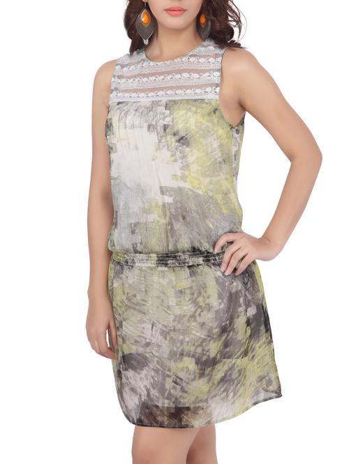 sleeveless lace yoke printed dress - 1147862 - Very Small Image - 1