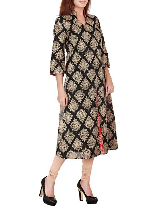 black cotton printed a-line kurta - 11487193 - Very Small Image - 1