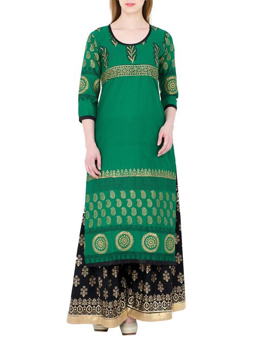 green cotton printed long kurta - 11487226 - Very Small Image - 1
