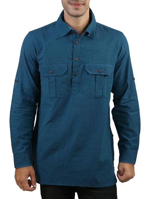 solid teal blue cotton kurta - 11487933 - Very Small Image - 1