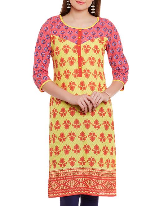 yellow and pink printed cotton kurta - 11489512 - Very Small Image - 1