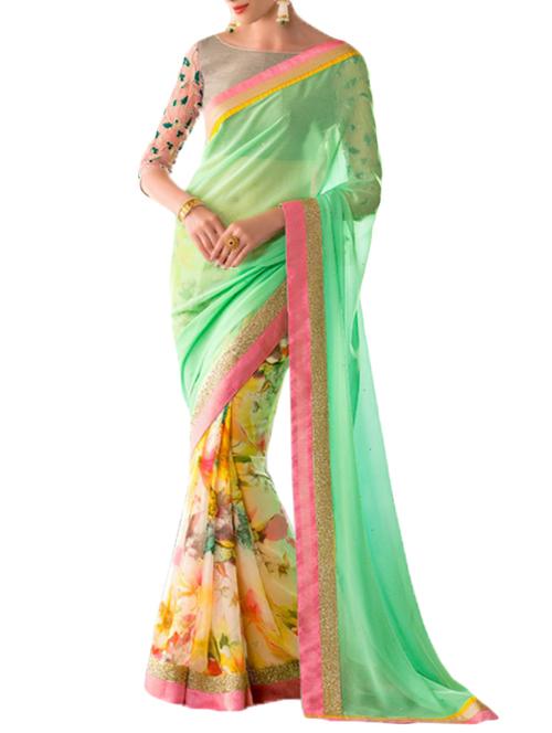 yellow and green georgette printed half and half saree with blouse - 11489524 - Very Small Image - 1