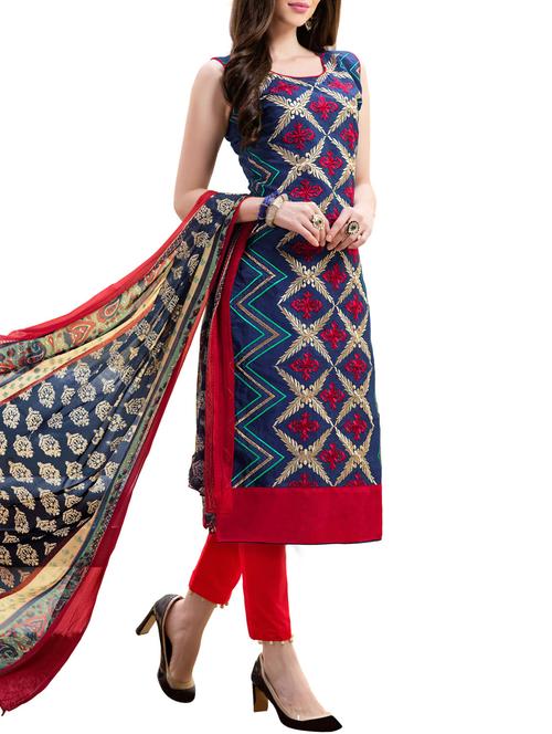 navy blue embroidered cotton blend unstitched suit set - 11494342 - Very Small Image - 1