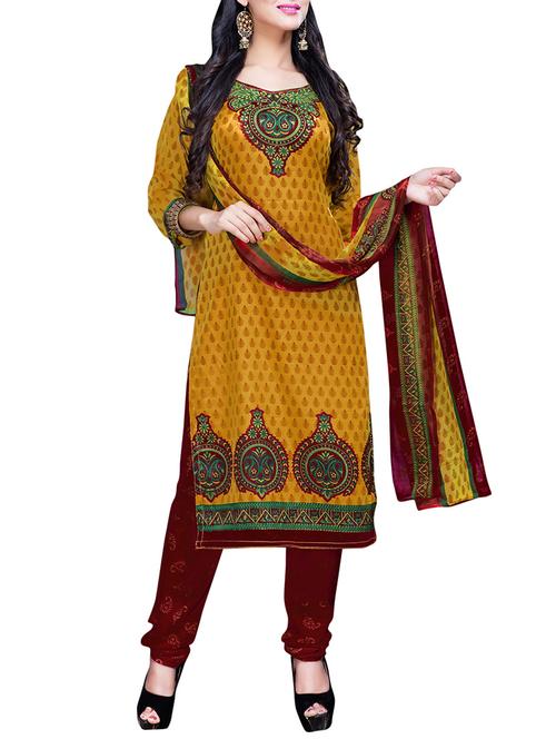 yellow printed crepe dress material - 11498370 - Very Small Image - 1