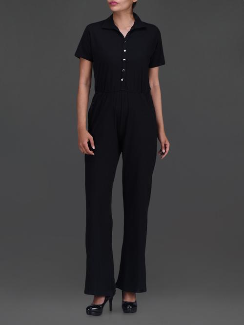 solid black shirt collar jumpsuit - 1150086 - Very Small Image - 1