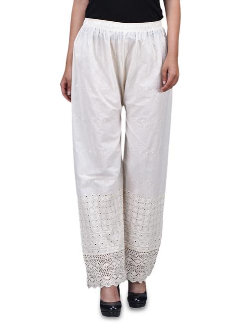 white trimmed lace cotton chikan palazo pant - 1150181 - Very Small Image - 1