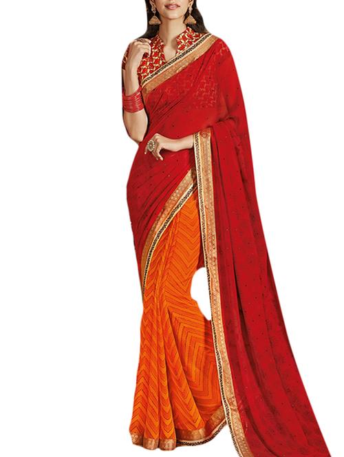 red and orange georgette foil work half and half saree with blouse - 11512266 - Very Small Image - 1