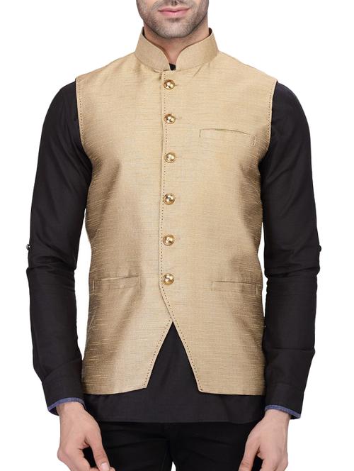 gold silk nehru jacket - 11512933 - Very Small Image - 1
