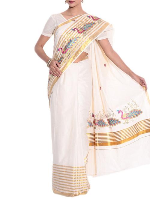 beige cotton kasavu saree with blouse - 11514611 - Very Small Image - 1