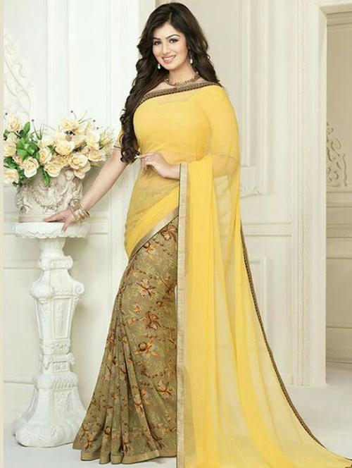 yellow and olive printed georgette saree with blouse - 11515073 - Very Small Image - 1