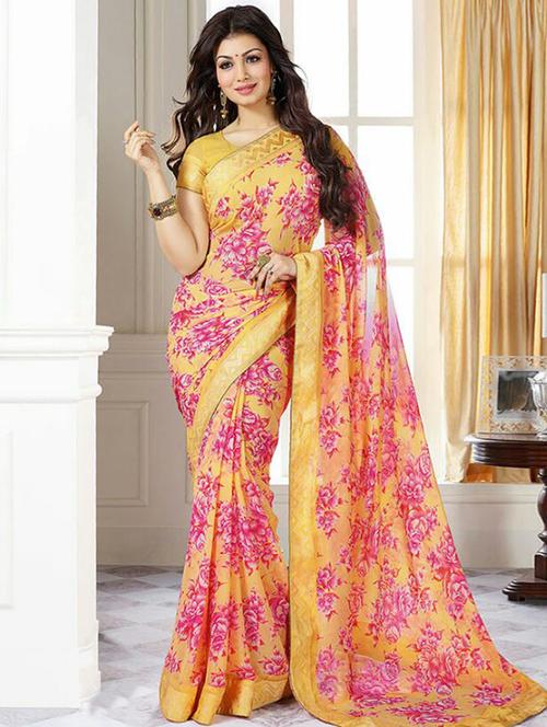yellow floral printed georgette saree with blouse - 11515079 - Very Small Image - 1