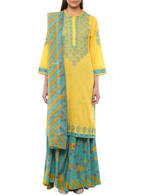 yellow embroidered cotton stitched suit set - 11518388 - Very Small Image - 1