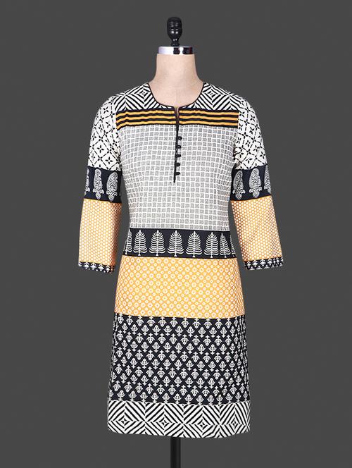 Quarter sleeve funnel neck Multi pattern block print  kurta - 1153423 - Very Small Image - 1