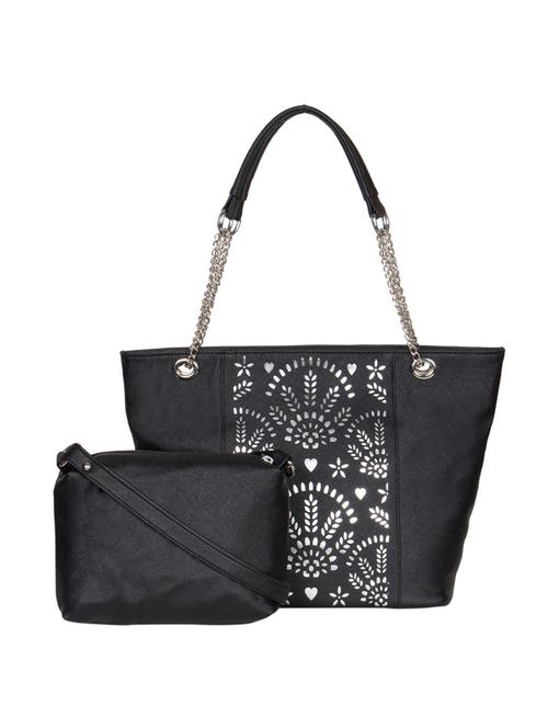 Black Leatherette Cutwork Handbag And Pouch Combo - 11536164 - Very Small Image - 1