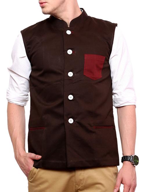 brown cotton nehru jacket - 11536388 - Very Small Image - 1