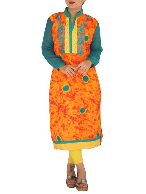 orange color, cotton embroidered long kurta - 11537094 - Very Small Image - 1