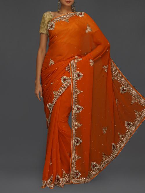 embellished border orange chiffon saree - 1154010 - Very Small Image - 1