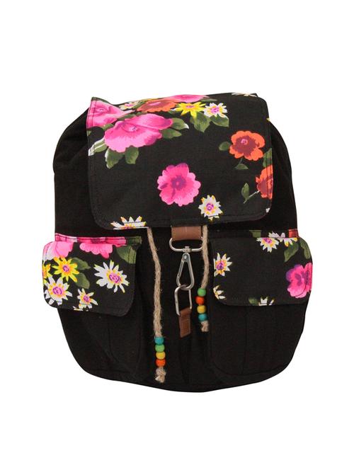 black colored canvas floral printed backpack - 11542806 - Very Small Image - 1